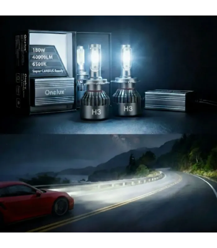 Kit de Bombillos LED H3 Onelux 180W 40,000 Lúmenes 6500K, Muestra iluminada.