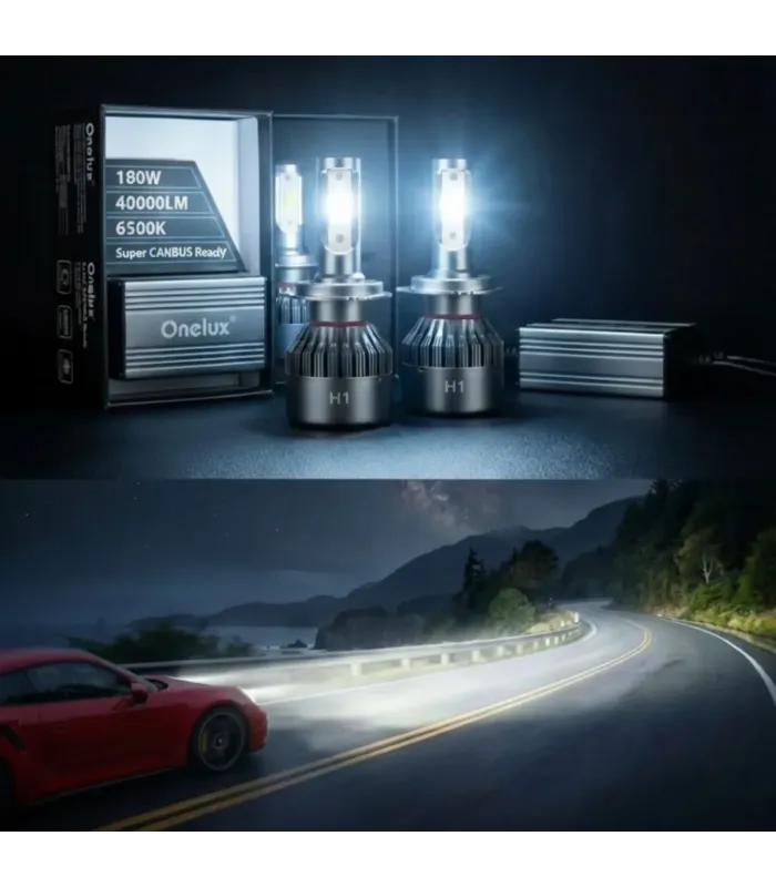Kit de Bombillos LED H1 Onelux 180W 40,000 Lúmenes 6500K, Muestra iluminada.