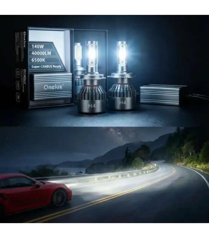 Bombillos LED H4 Onelux X 180W 40,000 Lúmenes Luz Alta y Baja 6500K, muestra carretera iluminada