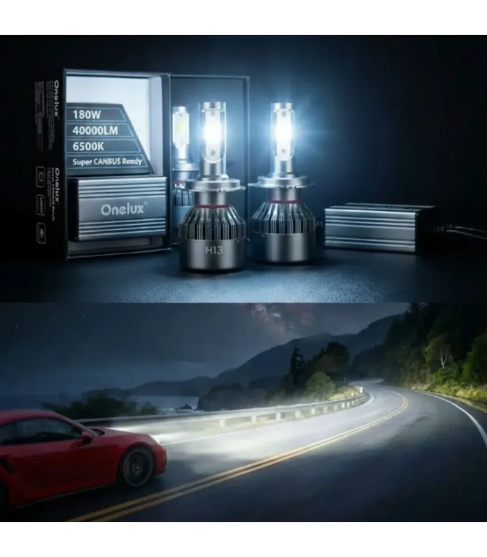 Bombillos LED H13 Onelux X 180W 40,000 Lúmenes Luz Alta y Baja 6500K , presenta carretera iluminada