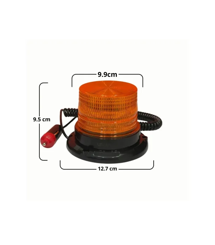 Luz de emergencia LED con dimensiones externas, ideal para montaje en vehículos de servicio.