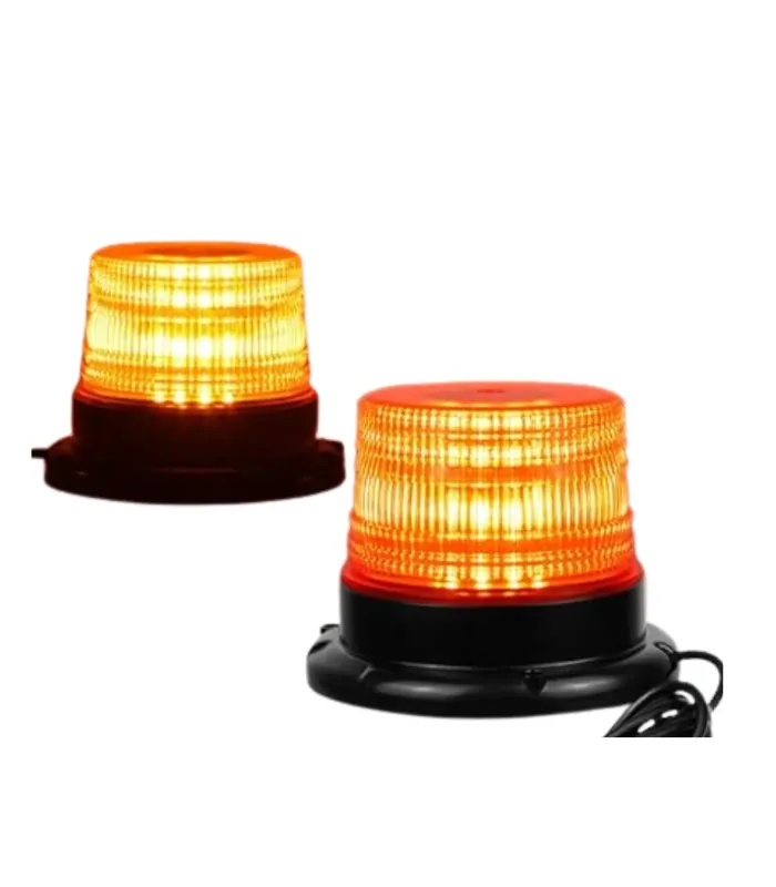 Luz de seguridad LED estroboscópica de color ámbar con base de montaje, lista para instalación.