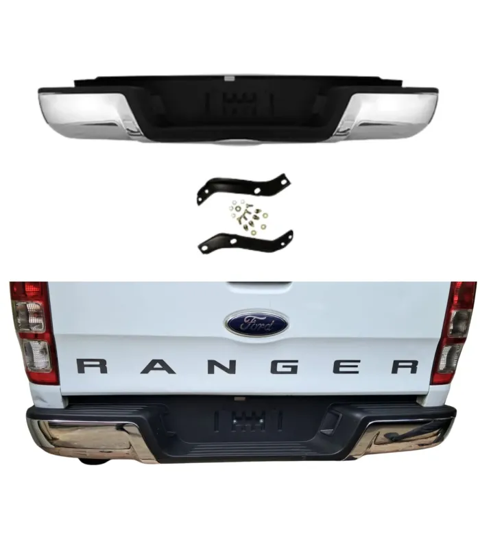 Bumper Trasero Ford Ranger 2012 a 2022 T6 T7 T8 Cromado, presenta camioneta con el bumper instalado