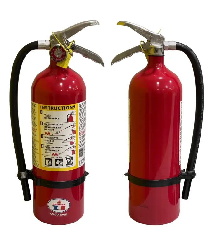 Extintor de incendios Badger de 5 libras PQS ABC modelo 22435, muestra frente y reverso.