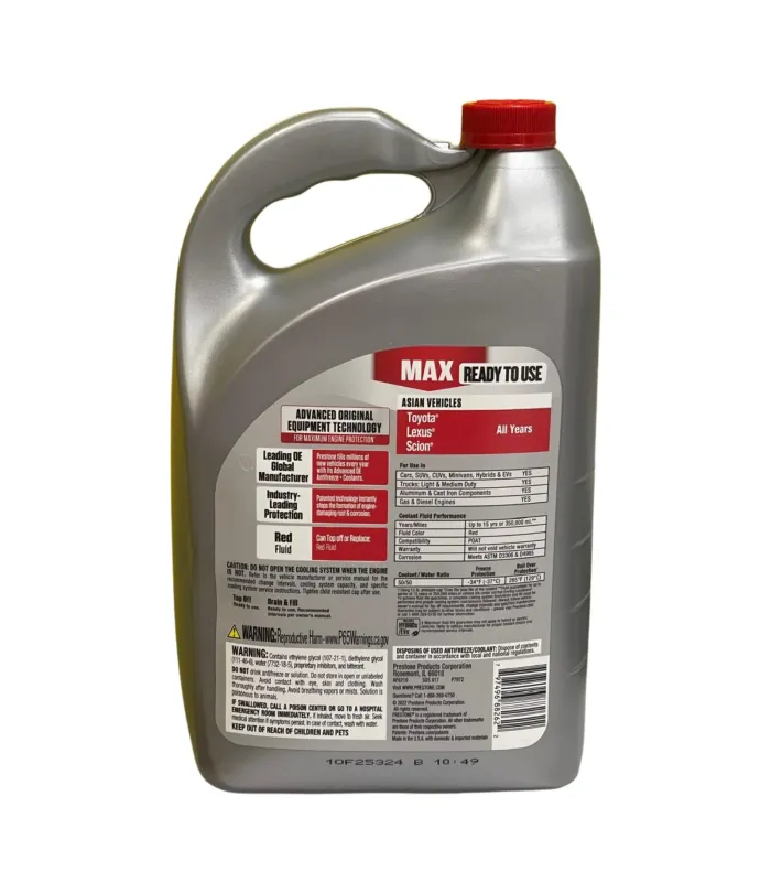 Galón de Coolant Prestone MAX AF6210 Rojo para Toyota Lexus y Scion formula 50/50, Reverso.