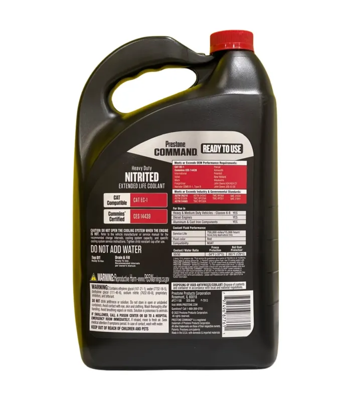 Galón de Coolant Prestone Command AFC11100 Heavy Duty Nitrited Red Fluid formula 50/50, Reverso.