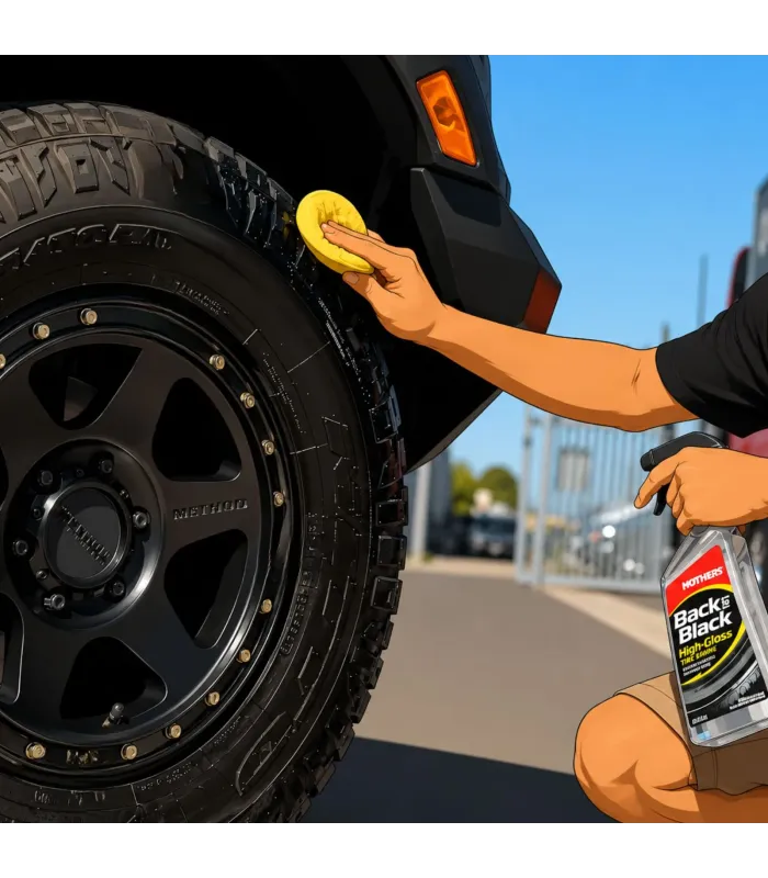 Brillo para Gomas Neumáticos Mothers Back to Black Tire Shine 24 oz, muestra antes y después.