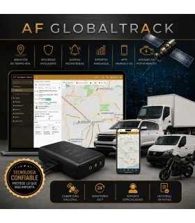 Plataforma de monitoreo satelital GPS AF Globaltrack en laptop y flota de vehículos comerciales Auto Fashion