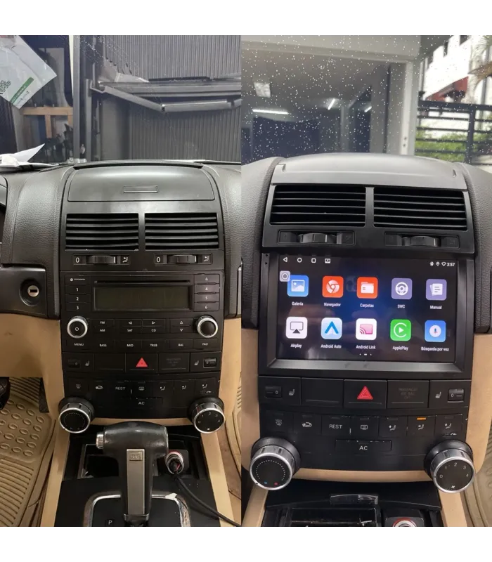 Combo Radio Multimedia 9 Pulgadas QLED Volkswagen Touareg 2004 a 2010, Antes y Despues.