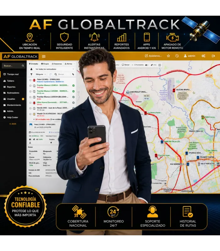 Usuario visualizando el mapa de rastreo GPS en tiempo real desde la app móvil AF Globaltrack