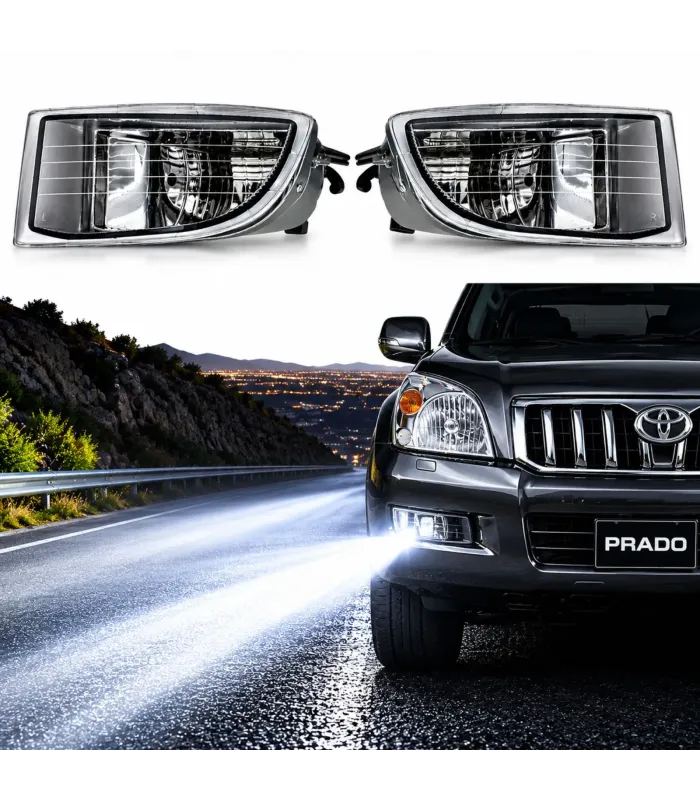 Kit completo de luces de niebla halógenas para Toyota Prado años 2003 a 2009, muestra carretera iluminada.