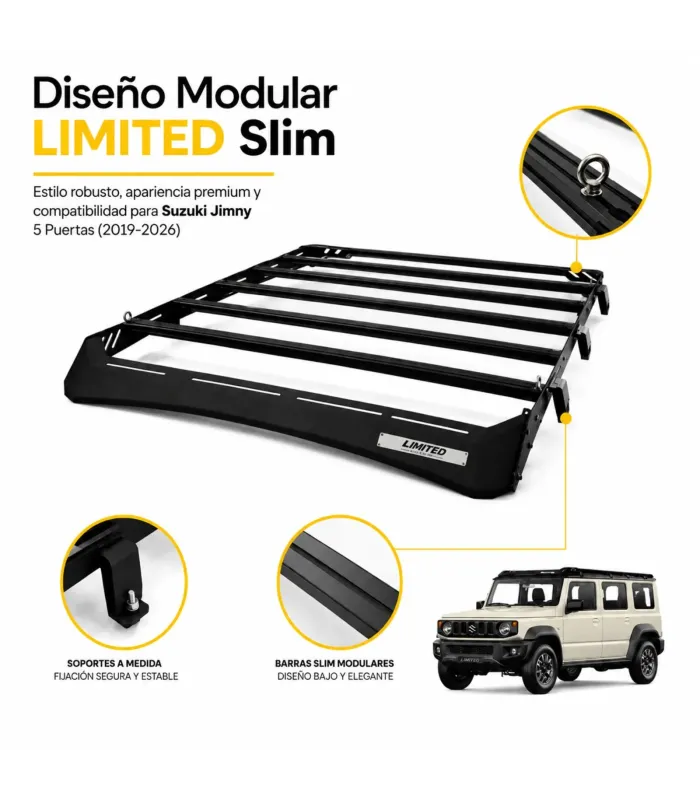 Parrilla de Techo Rack Modular LIMITED Slim Suzuki Jimny 5 Puertas 2019 2020 2021 2022 2023 2024 2025 2026 Aerodinamico