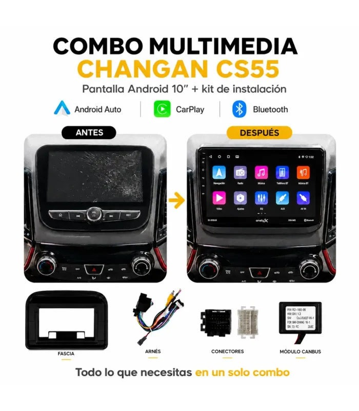 Combo Multimedia Radio Onelux 10" QLED Fascia y Camara Reversa Changan CS55 Antes y Despues.