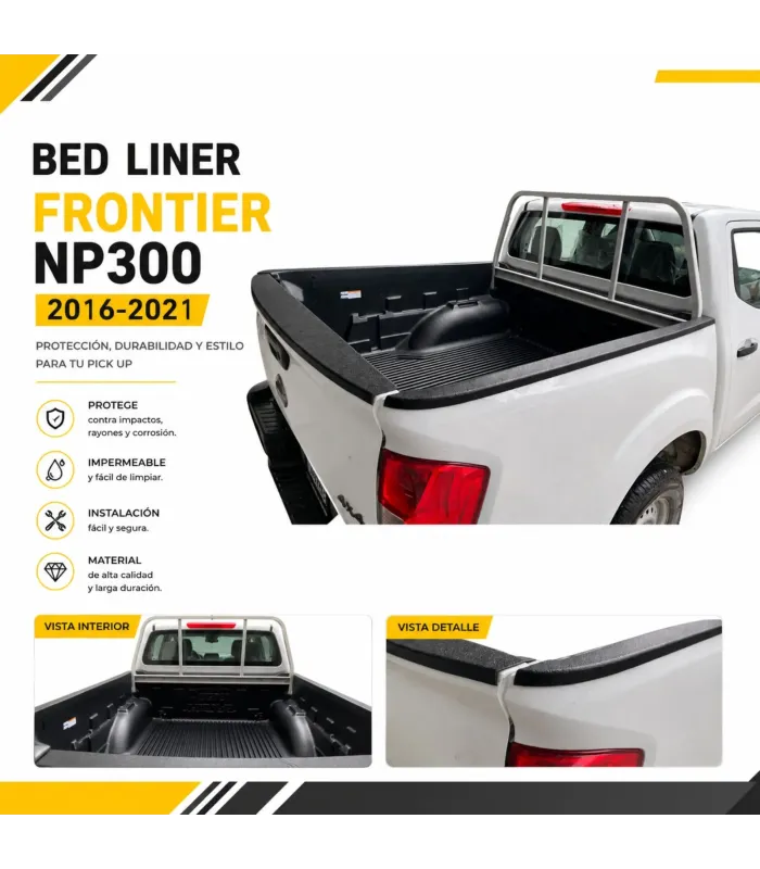 Protector de cama Bed Liner Nissan Frontier NP300 Doble Cabina 2016-2021, muestra producto instalado.