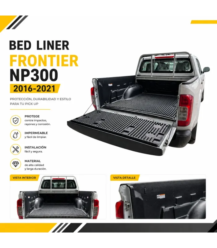 Protector de cama Bed Liner Frontier NP-300 2016-2021, muestra producto instalado y compuerta abierta.