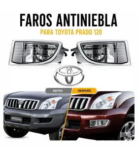Kit completo de luces de niebla halógenas para Toyota Prado años 2003 a 2009 con bombillos 9006, muestra antes y después.