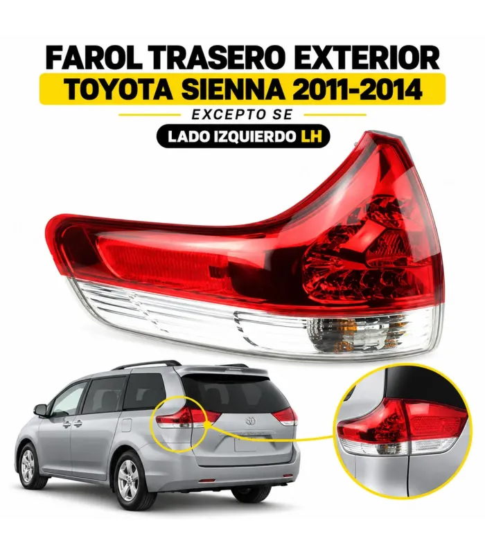 Farol trasero derecho Toyota Sienna 2011-2014 lente rojo y transparente