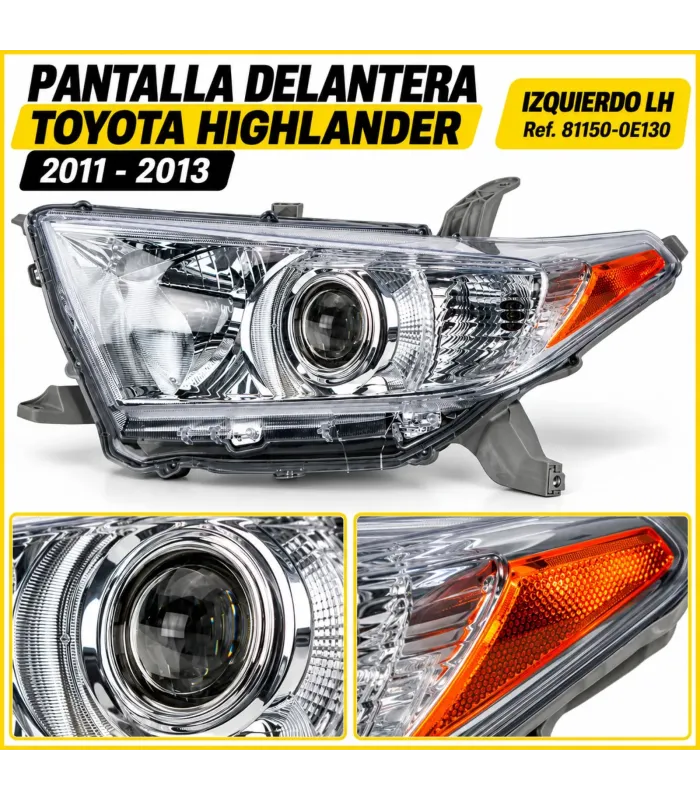 Detalle de proyector y reflector cromado farol Toyota Highlander 2011-2013