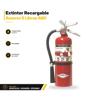 Extintor Amerex 5 libras ABC vista frontal con instrucciones