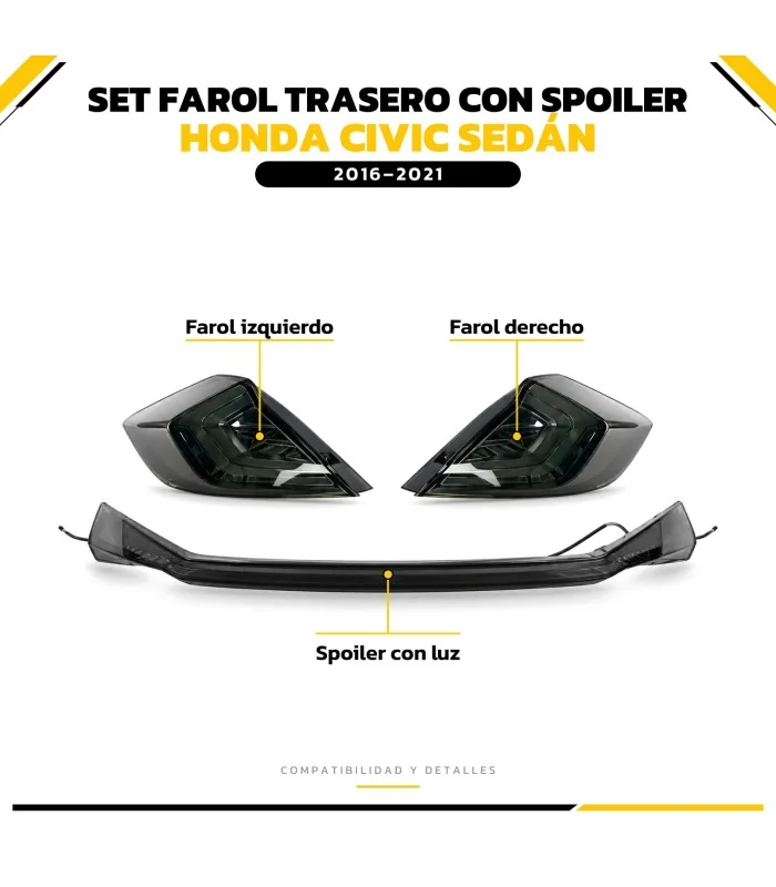 Farol derecho, farol izquierdo y spoiler con luz Civic Sedán 2016-2021